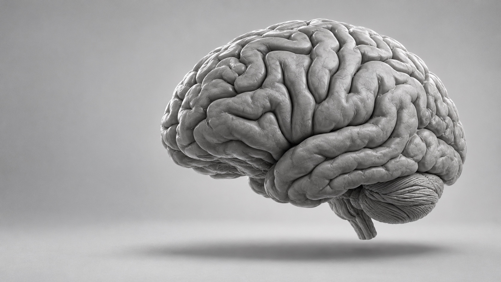 Matte grey brain sculpture suspended in a pale studio