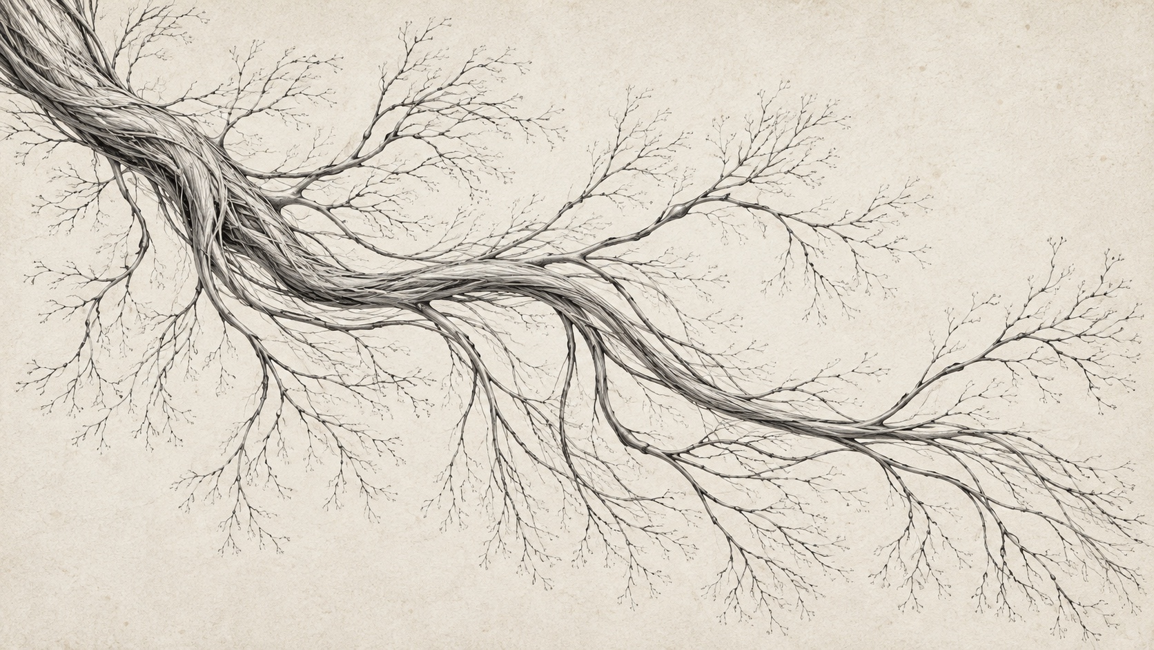 Charcoal engraving of a branching peripheral nerve network on textured paper