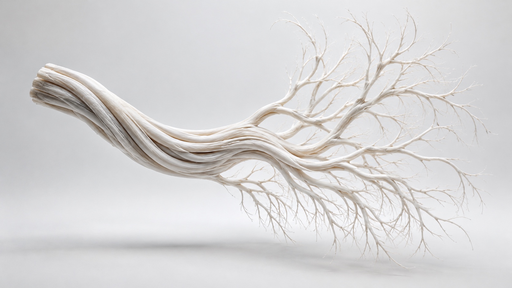 A matte white sculptural nerve bundle opening into delicate branches in a pale studio