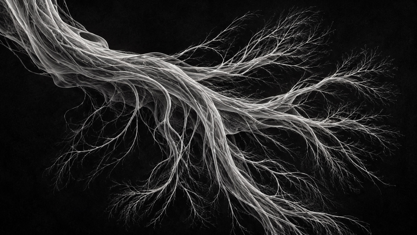 Translucent fine nerve-like filaments on a charcoal background, an illustrative X-ray-inspired study